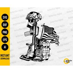 Fallen Soldier Tribute SVG | US Army War Hero Boots Dog Tag Gun Helmet USA Flag | Cricut Silhouette Printable Clipart Di