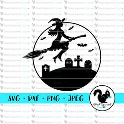 Flying Witch Over Graveyard SVG, October 31st Clipart, Pumpkin Carving Stencil, Halloween Bag Print & Cut File, Silhouet