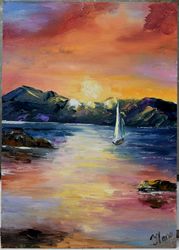 Sail at sea, oil painting. The original painting was painted with a brush and a palette knife.