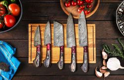 Damascus Steel Chef Knife Damascus Kitchen Knives set Chef set handmade Best chef set with leather sheath| Gift for Him