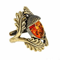 Amber Acorn Ring Autumn Jewelry Red Orange Gold Brass Ring Nature Leaf oak fall Jewelry Baltic Amber Women Ring boho