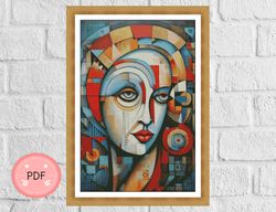Abstract Cross Stitch Pattern ,Woman With Geometric Face, Pdf , Instant Download , Cubist, X stitch,Modern Art