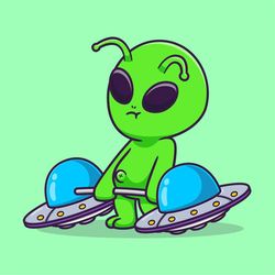 Hand Drawn Green Alien Working Out with Spaceships SVG illustration UFO in Gym Clipart Cut files for Cricut Digital Down