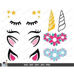 Unicorn Kit SVG  Face and Horns Clip Art Cut File Silhouette dxf eps png jpg  Instant Digital Download