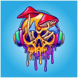 Hand Drawn Psychedelic Skull Trippy illustration SVG Melted Skeleton Head on Acid with Headphones Clipart Cut file for C