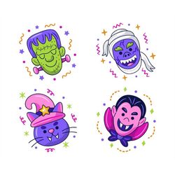 Hand Drawn Cute Halloween Stickers SVG Bundle Kawaii Spooky Monster Illustration Set Silhouette Vector Cut files for Cri