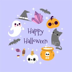 hand drawn happy halloween svg bundle pastel background spooky elements set pumpkin hat skull vector cut files for cricu