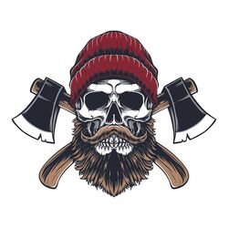 Hand Drawn Hipster Skull in Red Hat and Brown Beard with Axes illustration SVG Skeleton Head Clipart Silhouette Vector C