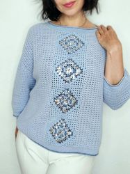 Women's sweater oversized, summer crochet granny square women's jumper, hand knit sweater light blue with sequins