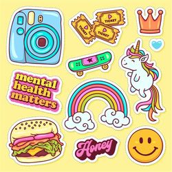 Cute Sticker Doodles SVG Bundle Rainbow Unicorn Burger King Smile Skateboard Camera Clipart Pack Set SVG files for Cricu