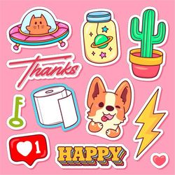 Hand Drawn Cute Animal Stickers SVG Bundle Kawaii Puppy Kitty Happy Doodles Cactus Thunder Cut files for Cricut Digital