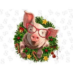 Pig With Christmas Wreath Png Sublimation Design, Merry Christmas Png, Christmas Pig Png, Christmas Wreath Png, Merry Pi