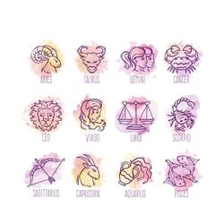 Hand Drawn Watercolor Zodiac Signs SVG Bundle Horoscope Clipart Set Astrology Elements Pack Vector Cut files for Cricut
