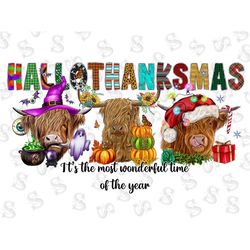 Happy Hallothanksmas Highland Cow PNG,Cow Clipart, Fall PNG, Halloween png, Christmas PNG, Western Png, Instant Download