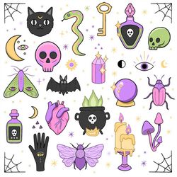 Hand Drawn Colorful Esoteric Element SVG Bundle Tarot Reading Clipart Set Skull Bat Moon Key Poison Occult Vector Silhou