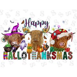 Happy Hallothanksmas Highland Cow PNG,Cow Clipart, Fall PNG, Halloween png, Christmas PNG, Western Png, Instant Download