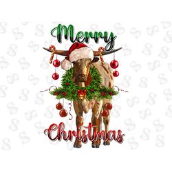 Merry Christmas Longhorn Cow Sublimation Png, Christmas Png, Cows Png, Animals Png,Farm Cow png,Glitter Png,Merry Christ