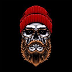 Hand Drawn Hipster Skull in Red Hat and Brown Beard illustration SVG Skeleton Head Clipart Silhouette Vector Cut files f