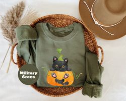 Hallowen Shirt, Vintage Halloween Sweatshirt, Black Cat Hoodie, Pumpkin Halloween T-shirt, Pumpkin And Black Cat Outfit,