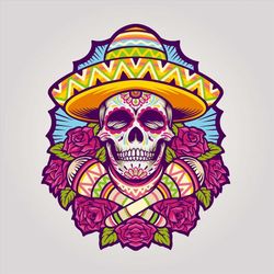 Hand Drawn Skull Print SVG Colorful Mexican Sugar Skeleton Head illustration Day of the Dead Clipart Vector Cut files fo