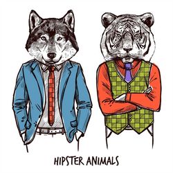 Hand Drawn Hipster Animals illustration SVG Wolf and Tiger in Suits Poster Clipart Silhouette Vector Cut file for Cricut