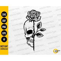 Long Stem Rose Skull SVG | Flower Tattoo Stencil Decal T-Shirt Wall Art | Cricut Silhouette Printable Clipart Vector Dig