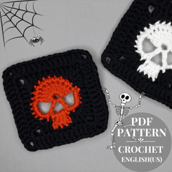 Halloween crochet pattern skull granny square, cute skull Halloween ornament, PDF crochet pattern spooky decoration.
