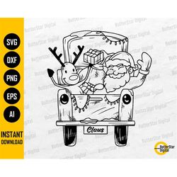 Santa And Reindeer On The Back Of Pickup Truck SVG | Winter Deliver Xmas Gift Presents | Cutting File Clip Art Vector Di