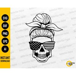 USA Messy Bun Skull SVG | Patriotic Mom Svg | America T-Shirt Tattoo Logo Decal | Cricut Cutting File Clip Art Vector Di