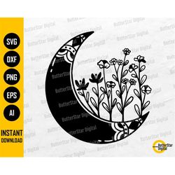 Wildflower Moon SVG | Flower Moon SVG | Floral Crescent Moon SVG | Celestial T-Shirt Decals | Cricut Cut File Clipart Di