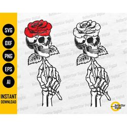 Skeleton Holding Skull Rose SVG | Flower Tattoo Decal T-Shirt Wall Art | Cricut Silhouette | Printable Clipart Vector Di