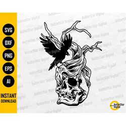 raven on skull svg | gothic decal t-shirt stencil graphics illustration | cricut silhouette printable clip art vector di