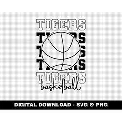 tigers basketball svg, stacked svg, basketball svg, basketball mascot svg, outline fonts svg, digital download, game day