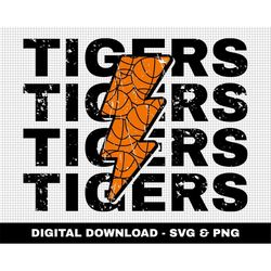 Tigers Svg, Distressed Svg, Basketball Svg, Digital Downloads, Basketball Lightning Bolt Svg, Stacked Svg, Game Day Svg,