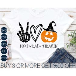 Peace Love Halloween SVG, Pumpkin Face SVG, Funny Halloween Shirt SVG, Skeleton Hand, Png, Files for Cricut, Sublimation