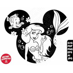 Princess SVG png clipart , Ariel mermaid cut file outline silouette