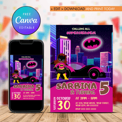 Batgirl Birthday Invitations, Bat Girl Birthday Invitation, Superhero Girl Party Canva Editable Instant Download