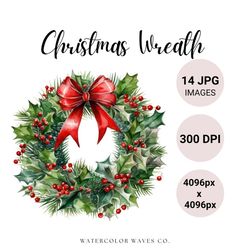 Christmas Wreath Clipart | Floral JPG | Watercolor Wreath | Holiday Digital Planner | Junk Journal | Winter Clipart Bund