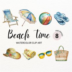 Beach Time Clipart | Watercolor Summer Clipart | Kawaii Clipart Bundle | Junk Journal | Digital Paper Craft | Digital Pl