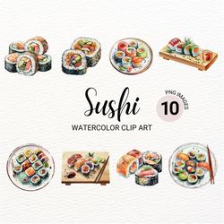 Watercolor Sushi Clipart | Sushi Party | Japanese Food Clipart | Kawaii Clipart | Seafood PNG | Junk Journal | Digital D