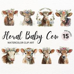 Floral Baby Cow PNG | Watercolor Floral Cow Baby Clipart | Cute Baby Animals Print | Farm Animals PNG | Nursery Wall Art