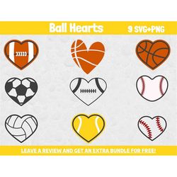 ball hearts svg bundle, ball svg, sports svg, svg files for cricut, ball shapes, ball clipart, sports clipart, love spor