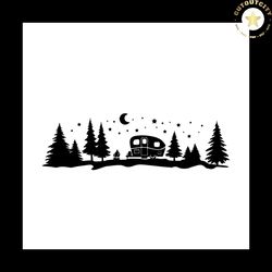 Camper In Forest Svg, Trending Svg, Camper Svg, Starry Forest Silhouette Svg, Camping Svg, Moon Svg, Moonlight Pine Tree