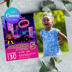 batgirl birthday invitations with photo, superhero girl party with photo canva editable instant download