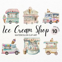 Cute Ice Cream Shop Clipart | Watercolor Ice Cream Clipart | Summer Clipart | Ice Cream Decor | Storefront Clipart  | Sh