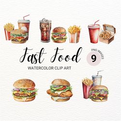 Watercolor Fast Food Clipart | Burger and French Fries Clipart | Kawaii Clipart | Digital Download | Watercolor Clipart