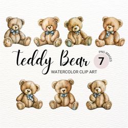 Teddy Bear Clipart | Watercolor Bear PNG | Nursery Wall Art | Baby Animals | Kawaii Baby Shower Clipart | Digital Downlo