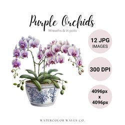 Purple Orchids Clipart Bundle | Watercolor Spring Flowers JPG | Floral Junk Journal | Wedding Invitation | Digital Plann