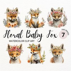 floral baby fox clipart | baby animals clipart | woodland animals clipart | nursery wall decor | kawaii clipart | commer