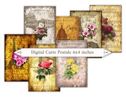 DIGITAL15 Vintage Floral Cards. Carte Postale Ephemera for Junk Journals, Scrapbooks, Decoupage, Papercrafts, Cardmaking